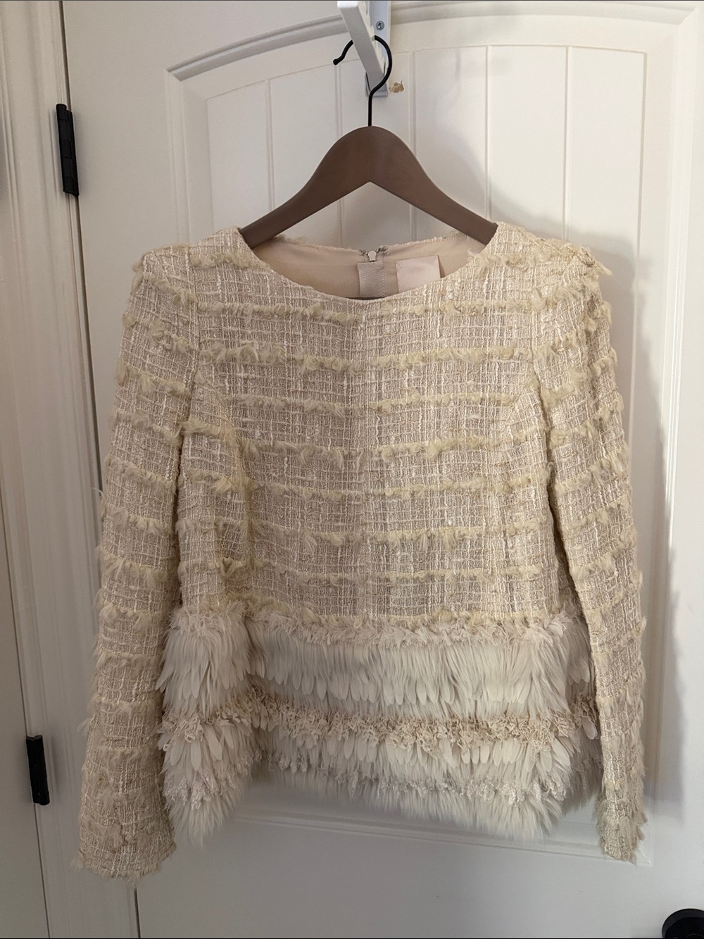 O'2nd Vintage Cream Tweed Feather-Trim Long Sleeve Top